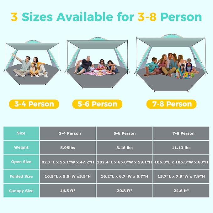 Gorich Beach Tent with Canopy - Easy Setup 3-4/5-6/7-8 Person Portable Sun Shelter, UPF 50+ UV Protection Sun Shade, Lightweight & Compact Beach Cabana for Family Travel