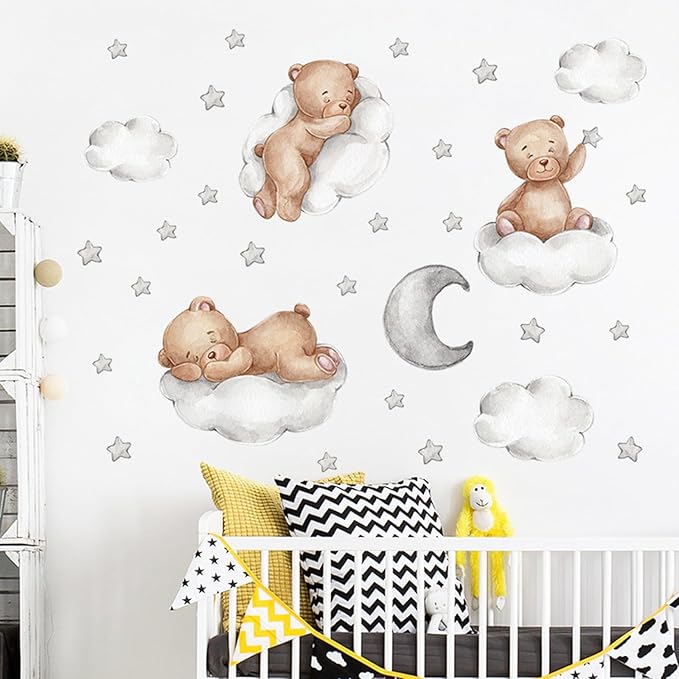 Tedy Bear Wall Decals, Cute Bear Sleeping on The Moon Cloud Stars Wall Stickers, Cartoon Tedy Bear Wall Decor for Baby Kids Baby Room Nursery Decor (Tedy-Bear)
