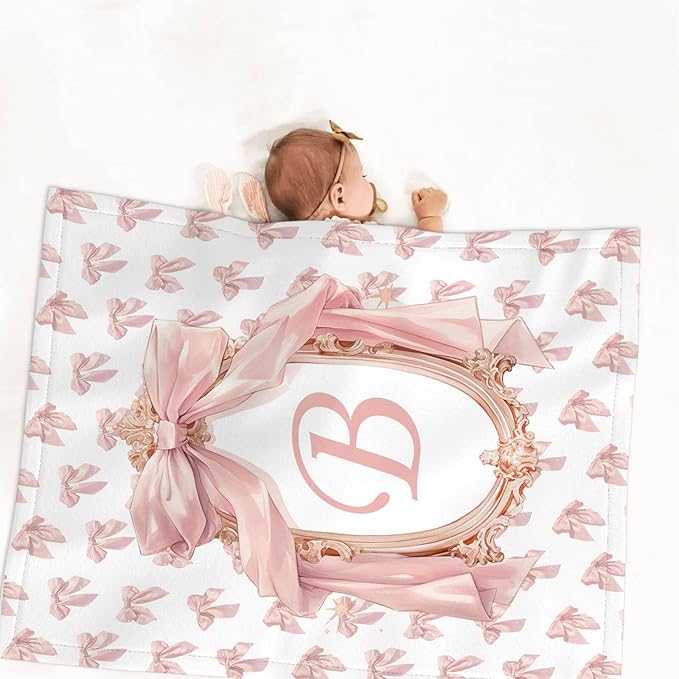 Personalized Baby Girl Crib Bedding Set – Custom Name Bow Pink 3-Piece Nursery Set with Soft Flannel Blanket, Fitted Sheet & Pillowcase – Infant & Toddler Bedding Gift