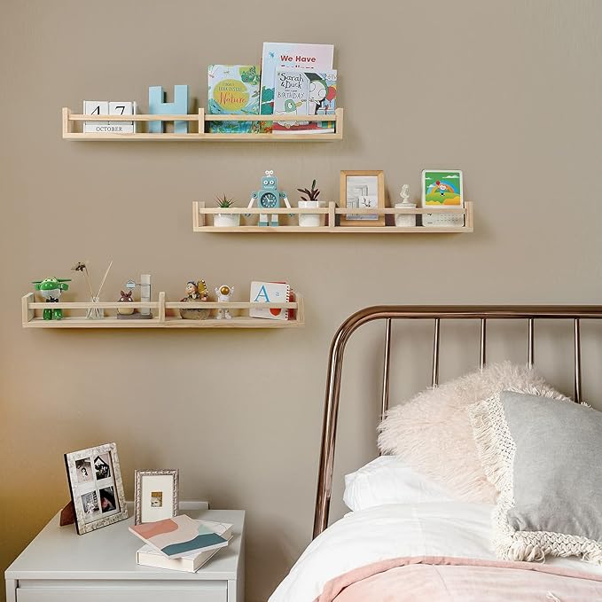 Nursery Bookshelves Wall Mounted，32inch，Set of 3, Wood Floating Wall Bookshelf for Kids,Natural Wood Color,Hanging Shelf for Baby Nursery Room Decor, Pine