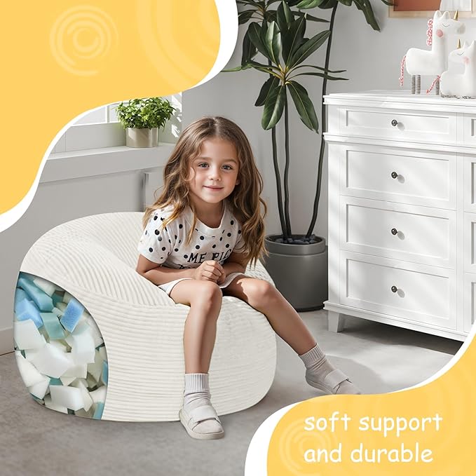 COMAX Kids Bean Bag Chair Turn into Beanbag Bed, Toddler Bean Chair Corduroy for Girl Boy Sleeping, Lazy Children Bean Bags with Filler, Convertible Child Floor Mattress, Beige