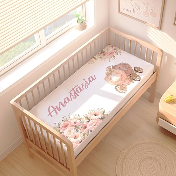 Personalized Baby Girl Crib Bedding Set – Custom Name Princess Castle 3-Piece Nursery Set with Soft Flannel Blanket, Fitted Sheet & Pillowcase – Infant & Toddler Bedding Gift
