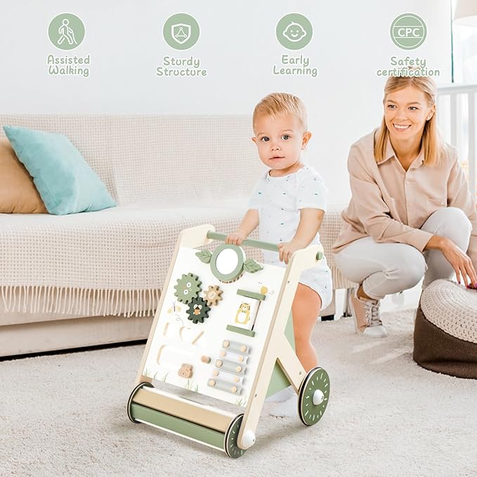 Beright Wooden Baby Walker with Roller Upgraded, Push and Pull Learning Activity Walker, Multi-Functional Kids’ Activity Toys, Develops Motor Skills & Stimulates Creativity, Green