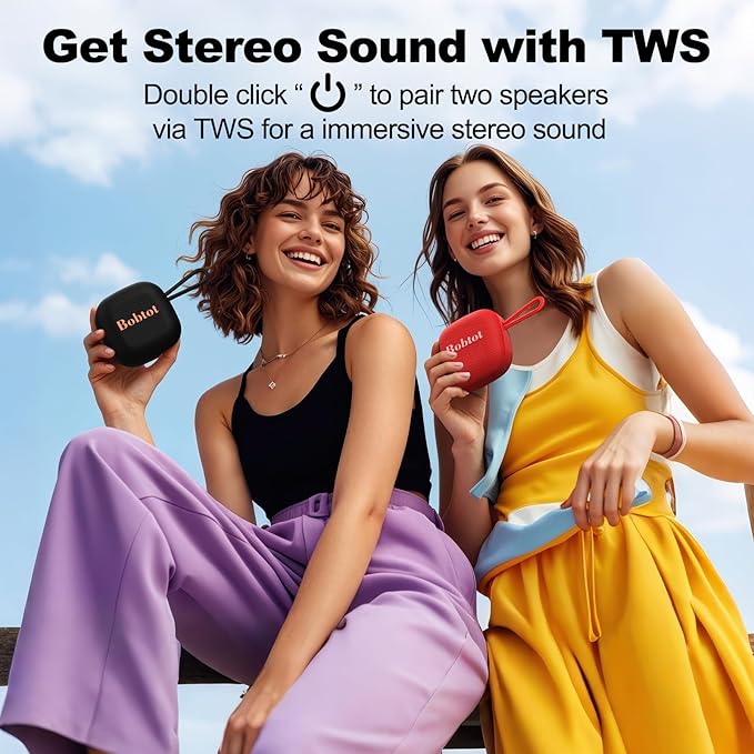Bobtot Portable Bluetooth Speakers Wireless, IPX7 Waterproof Mini Speaker with 16 Hours Playtime, Loud Stereo Sound, TWS, Built-in Microphone, Small Size for Travel Sport, Black