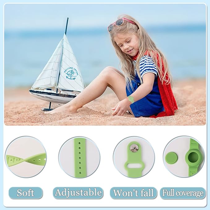 Kids Waterproof Airtag Bracelet Compatible with Apple AirTag, Hidden Silicon Protective Case for Air Tag GPS Tracker Holder, Adjustable Anti-Lost Watch Band for Toddler Child (Green)
