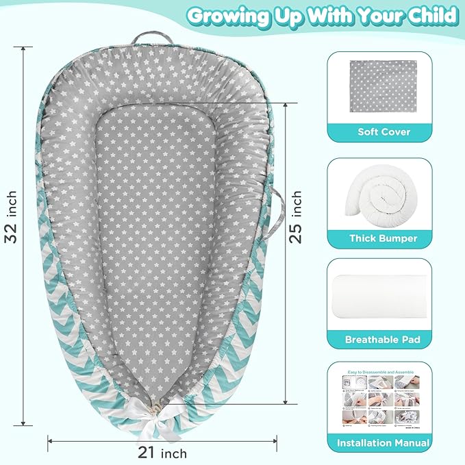 KISS GOLD Baby Lounger - Breathable Soft Cotton Cover Baby Lounger Nest, Babies Essentials Gifts, Portable Lounger for Baby Tummy Time Floor Playing Seated Support for Home and Travel