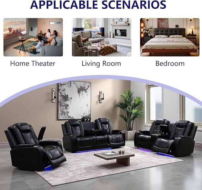 Power Recliner Sofa Set, Living Room Furniture Sets, Leather Reclining Sofa Set - Image 8