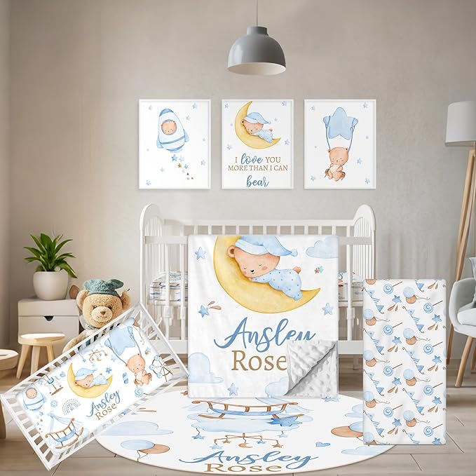 Personalized Baby Crib Bedding Set, 5 Pcs Custom Name Baby Crib Set with Double Layer Blanket, Soft Blue Moon Bear Nursery Bedding Set for Girls Boys, Customized Gifts for Toddlers Infants