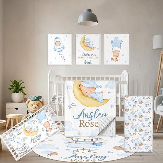 Personalized Baby Crib Bedding Set, 5 Pcs Custom Name Baby Crib Set with Double Layer Blanket, Soft Blue Moon Bear Nursery Bedding Set for Girls Boys, Customized Gifts for Toddlers Infants