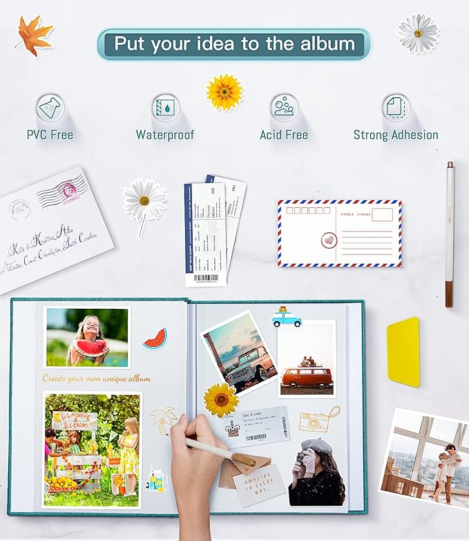 popotop Photo Album Self Adhesive with Picture Display Window,40 Pages DIY Scrapbooking Supplies Kit for 4x6 10x12 Picture,Linen Cover Memory Book for Baby Wedding, with Scraper and Metallic Pen