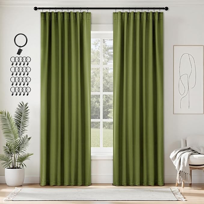ANRODUO Back Tab Blackout Curtains for Bedroom Living Room, Rod Pocket Pinch Pleated Thermal Insulated Room Darkening Curtains 84 Inches Long 2 Panels, Olive Green, 42 x 84 Inch