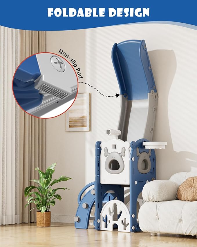 XJD 7 in 1 Toddler Slide, Kids Indoor Slide for Toddlers 12 to 36 Months, New Upgrade with Golf, Basketball Hoop for Indoor Outdoor Playset,Toddler Playground (Blue Gley)