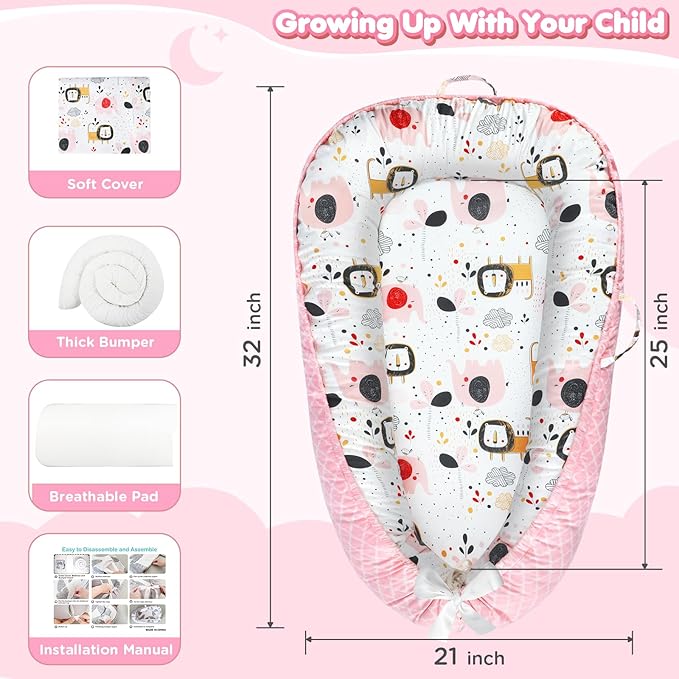 Baby Lounger - Baby Lounger for Newborn 0-24 Months, Breathable and Soft Cotton Cover Baby Nest, Portable Cozy Tummy Time Lounger for Home and Travel, Ideal Baby Essentials & Shower Gifts