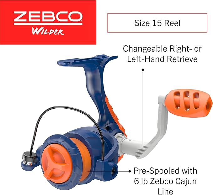 Zebco Wilder Fishing Reel and Rod Combo, 4'3" Durable Fiberglass Rod with Built-In Carabiner, Patented No-Tangle Reel, Pre-Spooled with 6-Pound Zebco Cajun Fishing Line, Blue/Orange