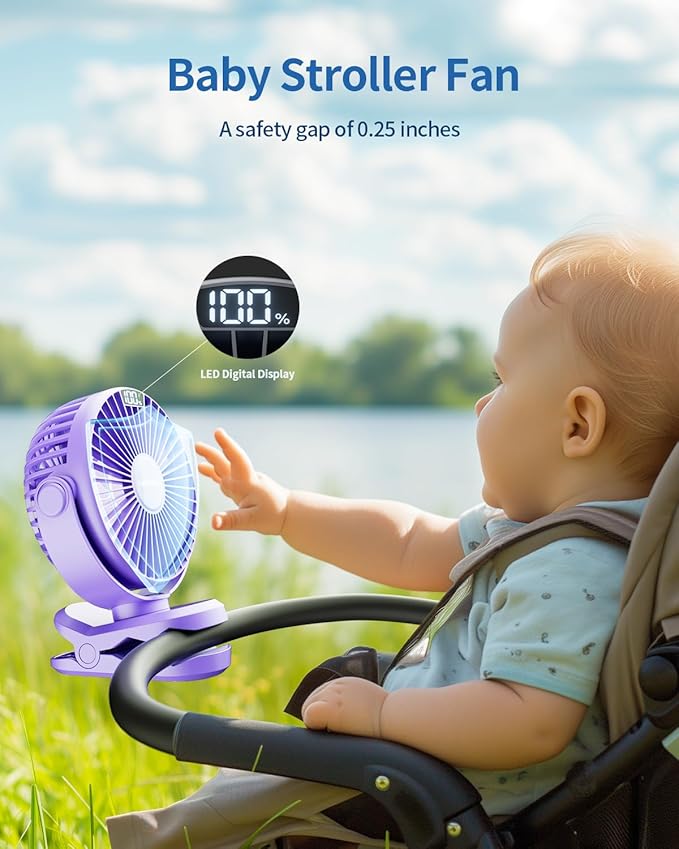 SWEETFULL Portable Clip on Fan - Battery Operated Stroller Fan, 4000mAh Small Rechargeable Fans with LED Display, 4 Speeds, Mini Personal Cooling Desk Cooler for Golf Cart Travel Camping Gym (Purple)