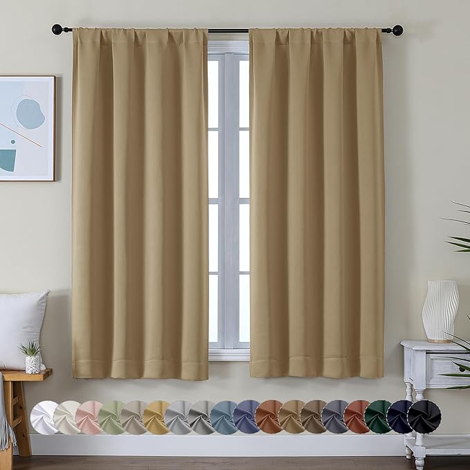 Simplebrand Ava Taupe Blackout Curtains for Bedroom 63 Inch Length 2 Panels Set, Solid Thermal Insulated Energy Saving Rod Pocket Window Treatment Curtains Blackout Drapes, W40 x L63 Inch, Taupe