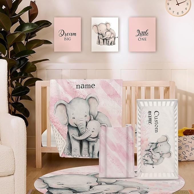 Personalized Baby Crib Bedding Set for Baby Girls, Pink Elephant Design Custom Name Baby Crib Sets 5-Pcs, Toddler Double Layer Blanket Fitted Sheets Changing Pad Cover Rug Wall Art Set