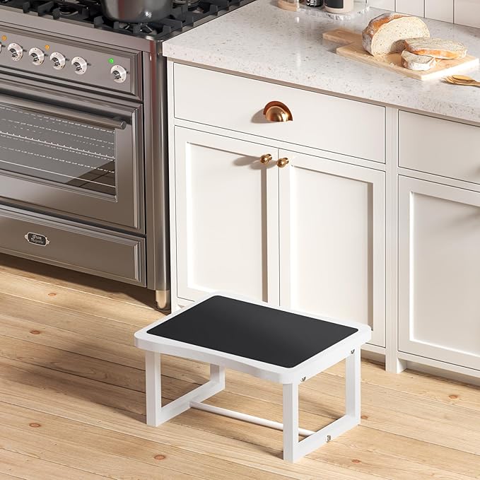 Wooden Step Stool with 500 Pounds, Wide Bed Step Stool for Adults，Wood White Step Stool&Stable Solid Metal Frame for Kitchen, Bedroom, Living Room, Bathroom