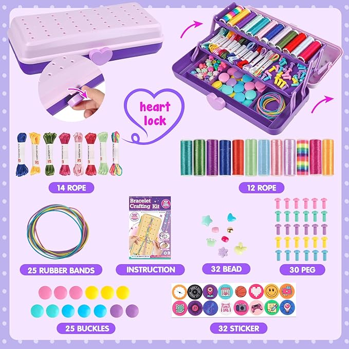 Friendship Bracelet Making Kit with Storage Box,DIY String Bracelet Arts and Craft for Girls Aged 8-12,Kids' Travel Activity Toy Set,Easter Birthday Gifts for Ages 6 7 8 9 10 11 12 Year Old Purple