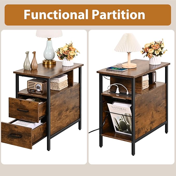Side Tables with Charging Station, Narrow End Table with 2 Wooden Drawers, USB Ports and Power Outlets, Narrow Nightstand and Bedside Table, Side Tables Living Room, Bedroom, Brown