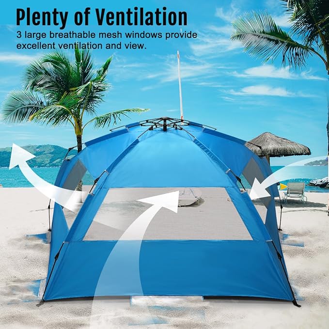 WhiteFang Deluxe Pop Up Beach Tent Sun Shade Shelter for 3-4/5-6 Person, UV Protection, Extendable Floor with 3 Ventilating Windows Plus Carrying Bag, Stakes, and Guy Lines