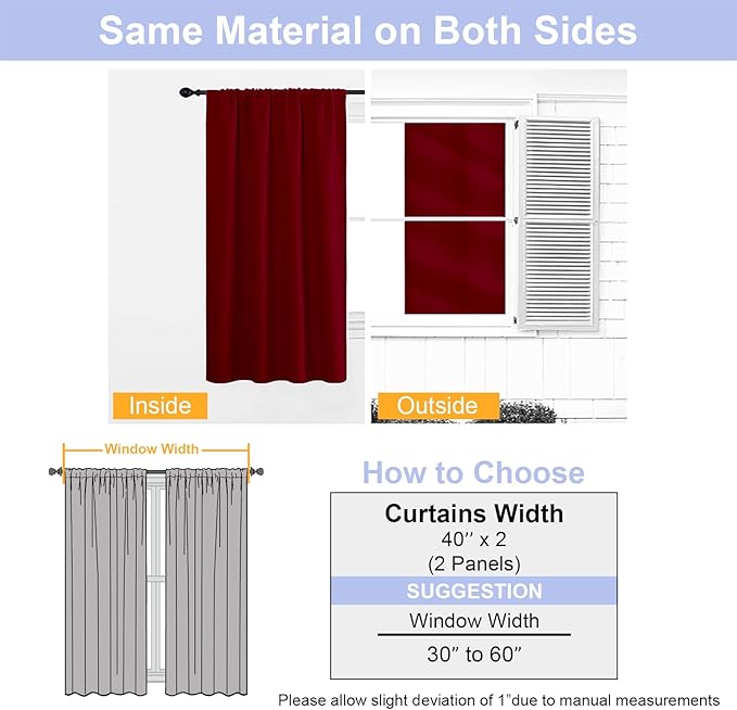 Simplebrand Ava Red Short Blackout Curtains for Bedroom 45 Inches Long 2 Panels Set, Solid Thermal Insulated, Energy Saving Window Treatment Curtains Blackout Drapes, W40 x L45 Inch, Red
