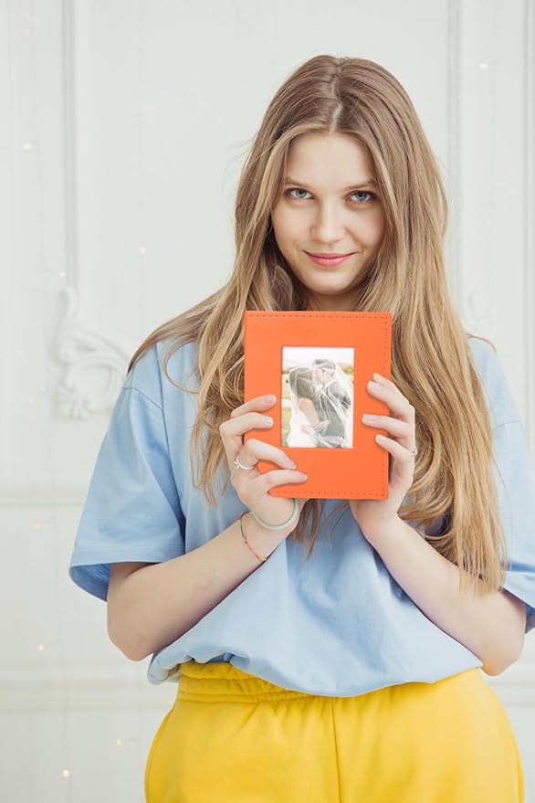 RECUTMS Small Photo Album 4x6 100 Photos Leather Cover with Front Window, Pictures Book for Wedding Family Baby Vacation (Orange)