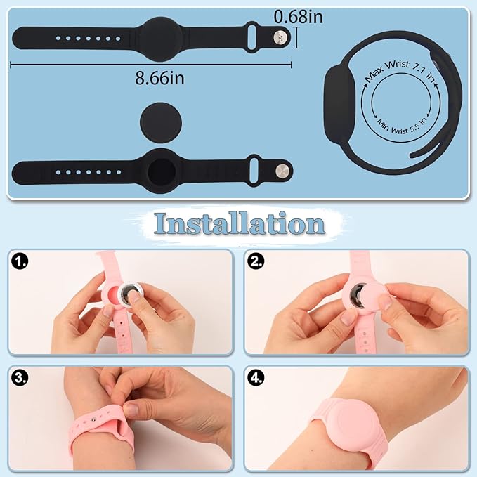 Kids Waterproof Airtag Bracelet Compatible with Apple AirTag, Hidden Silicon Protective Case for Air Tag GPS Tracker Holder, Adjustable Anti-Lost Watch Band for Toddler Child (Black)