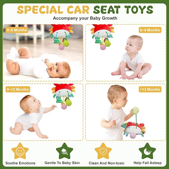 Red Crab Baby Toy - Clip-On Hanging Sensory Toy for Car Seat, Stroller, Gym with Squeaker, Crinkle, Rattle, Mirror & Teether | Soft Plush 0-12 Months Infant Developmental Toy for Tummy Time (Red)
