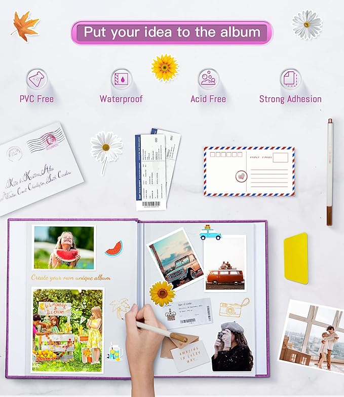 popotop Photo Album Self Adhesive with Picture Display Window,60 Pages DIY Scrapbooking Supplies Kit for 4x6 10x12 Picture,Linen Cover Memory Book for Baby Wedding, with Scraper and Metallic Pen