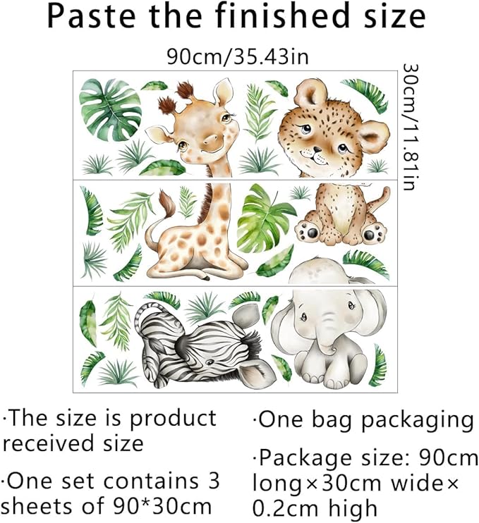 44.88 x22.98 Inch Watercolor Jungle Animal Wall Decals - Tiger, Elephant, Zebra Peel & Stick Wall Art Stickers for Baby Nursery, Playroom, Bedroom, Classroom & Kindergarten Decor