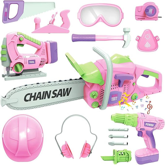 Kids Construction Tool Set for 3 4 5 6 7 Year Old Boys Girl,Pink Preschool Pretend Play Tool,Pretend Play Tools Set Toddler Toys,with Electric Drill Chainsaw、Electric Drill,Toy Tools Gifts for Kids