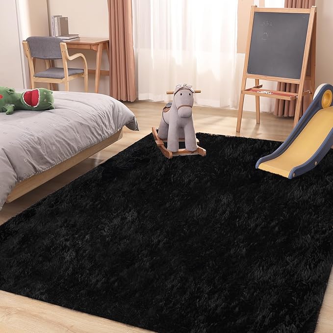 Black Rug, 6x9 Area Rugs for Living Room, Soft Plush Area Rugs for Bedroom, Non-Slip Indoor Carpet for Nursery, Study Room, Kids Room, Room Decor