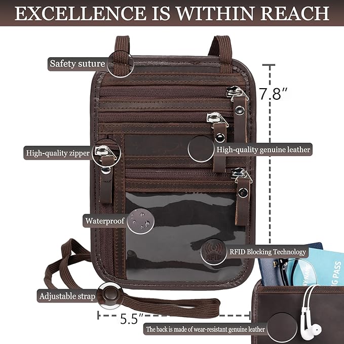 Neck Wallet - Rfid Wallet Women - passport holder for travel - Travel Wallet Passport Holder For Travel Women - 10.3x6.8inch (Dark Coffe)