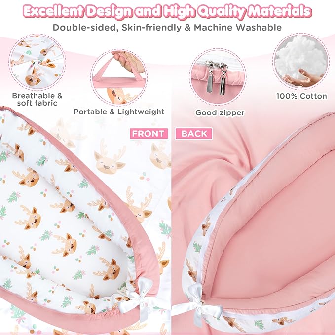 KISS GOLD Baby Lounger - Breathable Soft Cotton Cover Baby Lounger Nest, Babies Essentials Gifts, Portable Lounger for Baby Tummy Time Floor Playing Seated Support for Home and Travel