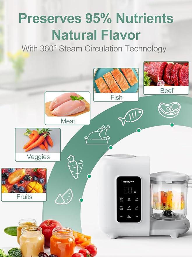 MOMYEASY Baby Food Maker, Baby Food Steamer and Puree Blender, Food Processor Chopper Grinder Steamer in-One, Auto Cooking & Grinding with Touch Control Panel&Self Cleans, BPA-Free