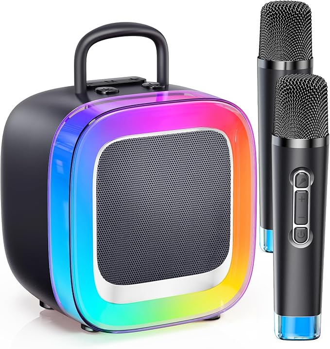 Kinglucky 2025 Upgrade Karaoke Machine, Portable Bluetooth Speaker with 2 Wireless Microphones for Adults & Kids with Lights, Karaoke for All Smartphones, Birthday, Family, Home Party or Gifts (Black)