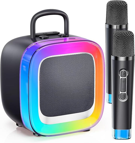 Kinglucky 2025 Upgrade Karaoke Machine, Portable Bluetooth Speaker with 2 Wireless Microphones for Adults & Kids with Lights, Karaoke for All Smartphones, Birthday, Family, Home Party or Gifts (Black)