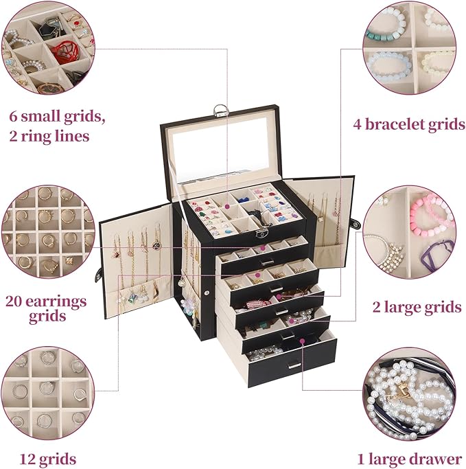 BOOVO Jewelry Box For women, 6 Layer Large Jewelry Organizer With Mirror, Multi-Function Storage Box With Lock, Accessory Holder With 5 Drawers, For Earrings Necklace Ring Bracelet (Black)
