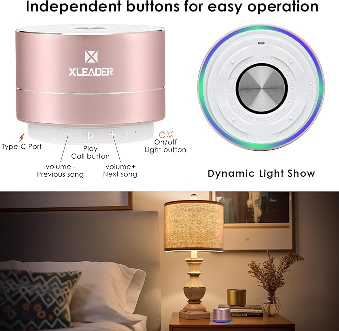 Mini Bluetooth Shower Speaker, IPX6 Waterproof Speaker, with RGB Lights, Mic, Portable Silicone Lanyard, Suction Cup, Clear Sound&Rich Bass, 12h Playtime, Small Pink Gifts for Girls Women