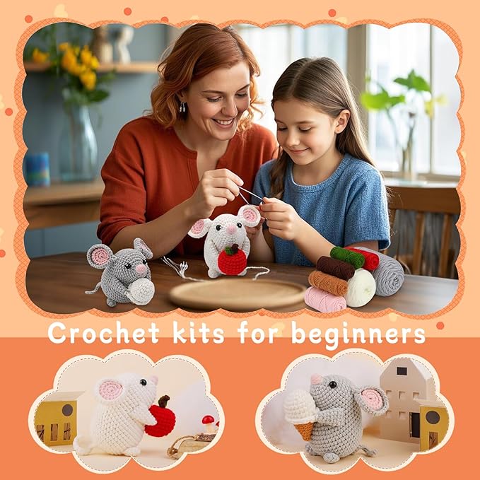 RUQKNO Crochet Kit for Beginners， 2 Pcs Hamster Amigurumi Crochet Animal Kit with Step-by-Step Video Tutorials, Easy-to-Learn Beginner Crochet Kit for Adults & Kids, All-in-One Craft Supplies