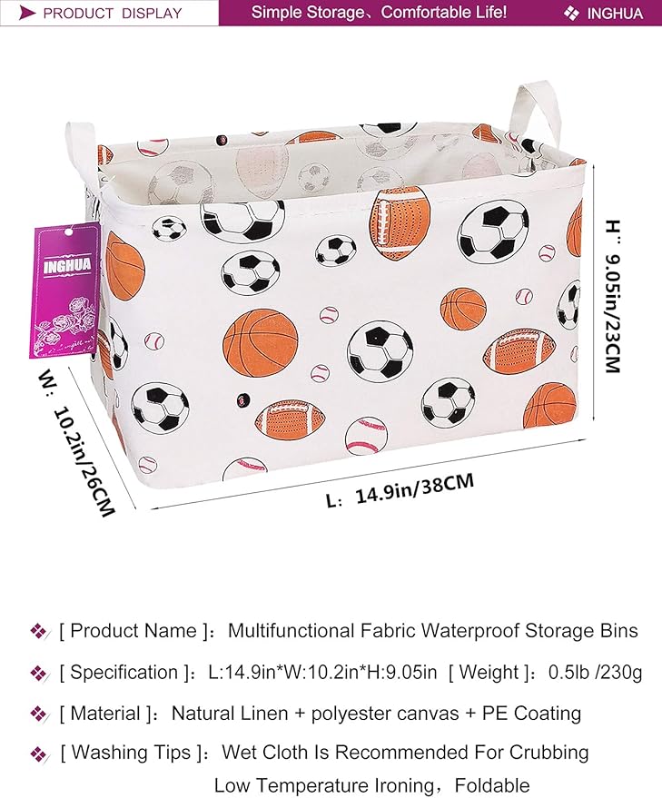 Rectangular Storage Basket Fabric Organizer Bin for Toys,Books,Clothes,Gifts,Pets-Perfect for Home,Office,Nursery,Dorm,Shelf(Rec ball game)