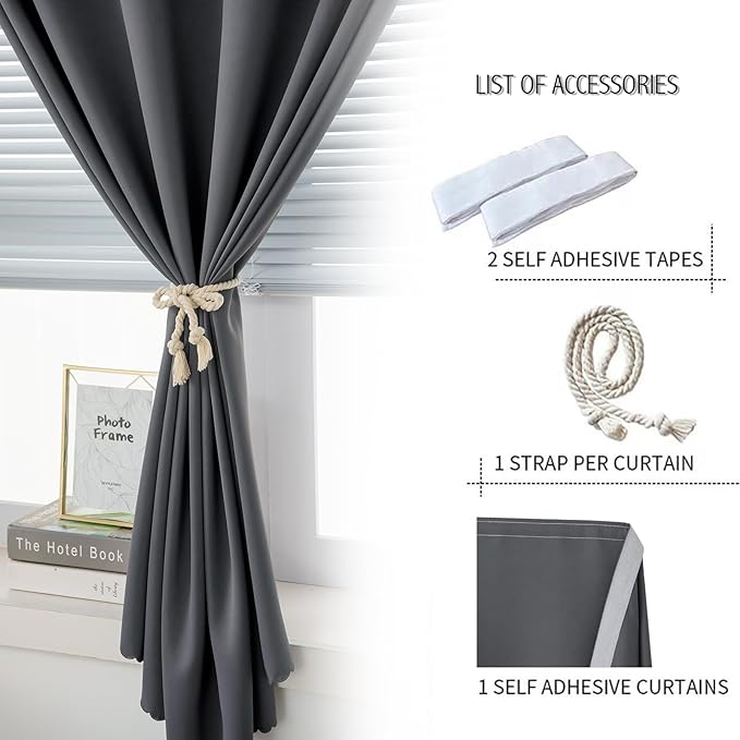 Magic Tape Stick On Curtains Window Shades Pull Down Blackout Window Cover Blackout Curtains for Bedroom No Drillng Self Adhesive Curtains No Rod Small Curtain, 35" W X 79" L, Grey, 1 Panel