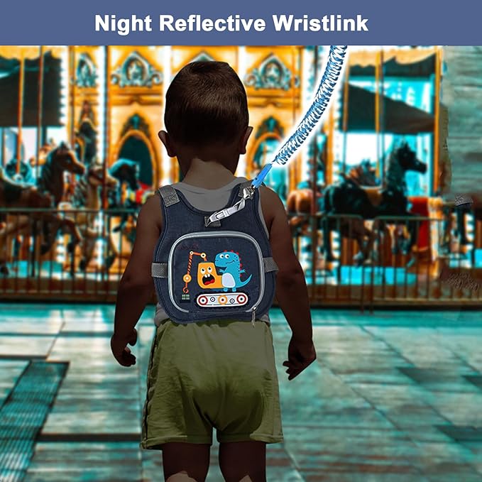 Accmor Toddler Harness Leash+ Reflective Anti Lost Wrist Link, Cute Dinosaur Kids Harness with Leash, Collapsible Child Leash Baby Boys Walking Wristband Assistant Strap Belt for Outdoor Travel