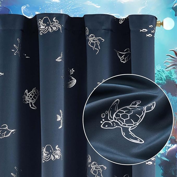 Vangao Kids Curtains for Boys Bedroom Kids Blackout Curtains 84 Inch Length Ocean Aquarium Nursery Drapes for Girls Bedroom Silver Sea Animals Print Thermal Insulated Drapes, Navy Blue 2 Panels