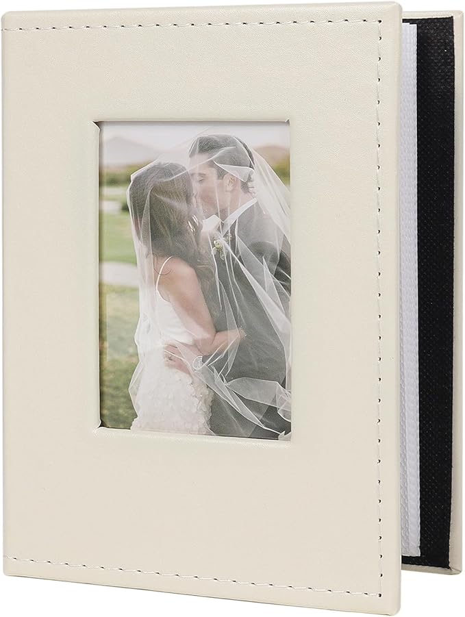 RECUTMS 100 4x6 Small Photo Album with Front Window, Premium Leather Cover Hold 100 Vertical Photos for Family Wedding Baby Children (Beige)