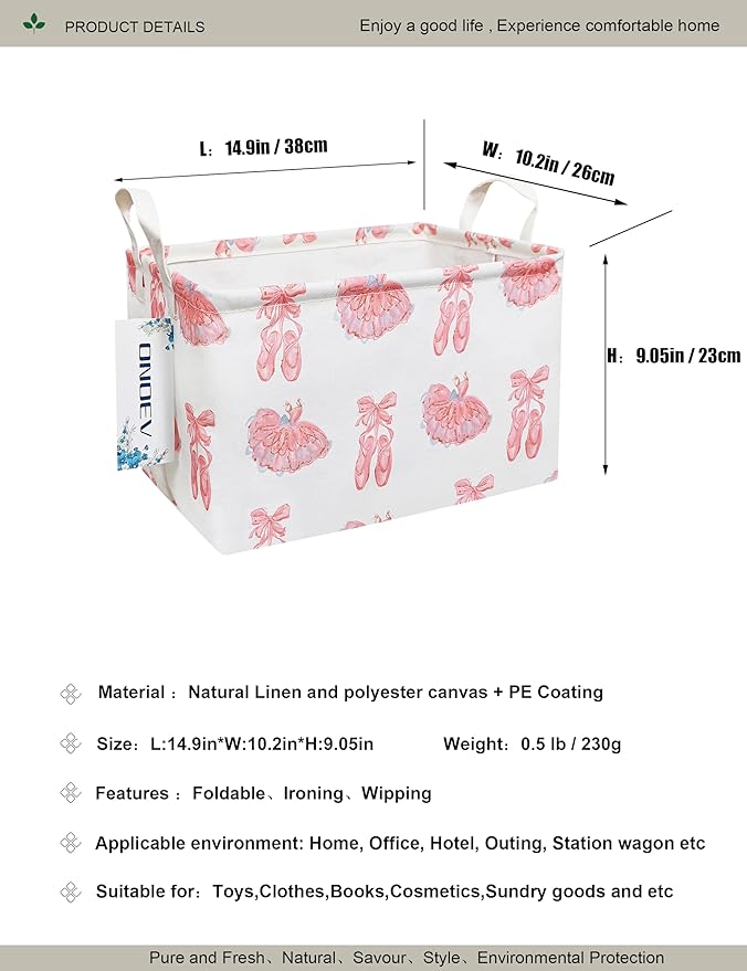 Rectangular Folding Laundry Basket,waterproof Canvas Basket,gift basket,Suitable for children's room,Office,Clothes,Toys Storage(Pink lace dance shoes)