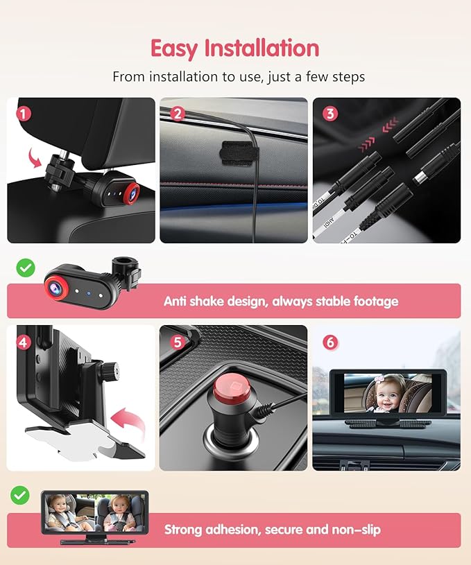 BM5PRO Double Car Camera for 2 Baby，7.2" 1080P Split Screen with IR Night Vision, Real-Time Monitoring Baby Car Camera,Easy Install, Family Travel Companion for Kids & Pets