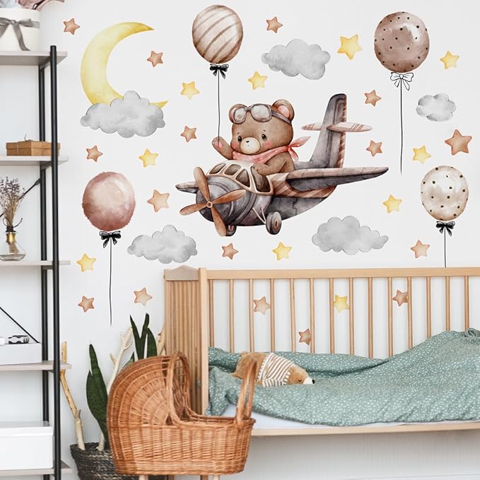 Runtoo Baby Bear Flying Plane Wall Decal Moon and Stars Sweet Dream Animal Wall Stickers Baby Nursery Kids Bedroom Home Decor