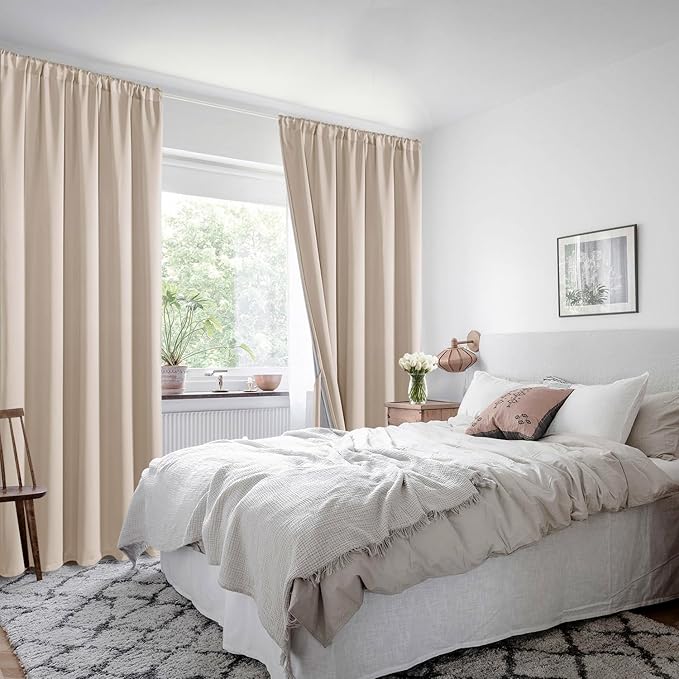 XWZO 100% Blackout Curtains for Bedroom, Thermal Insulated Black Liner, Noise Reducing and Heat Blocking Drapes for Hall and Studio Windows with Tiebacks, Biscotti Beige, W60 x L63, Set of 2